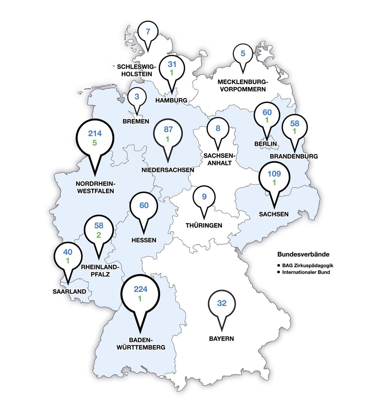 Eine Deutschlandkartte mit Unterteilung nach Bundesländern und der jeweiligen Anzahl der Mitglieder und Verbände